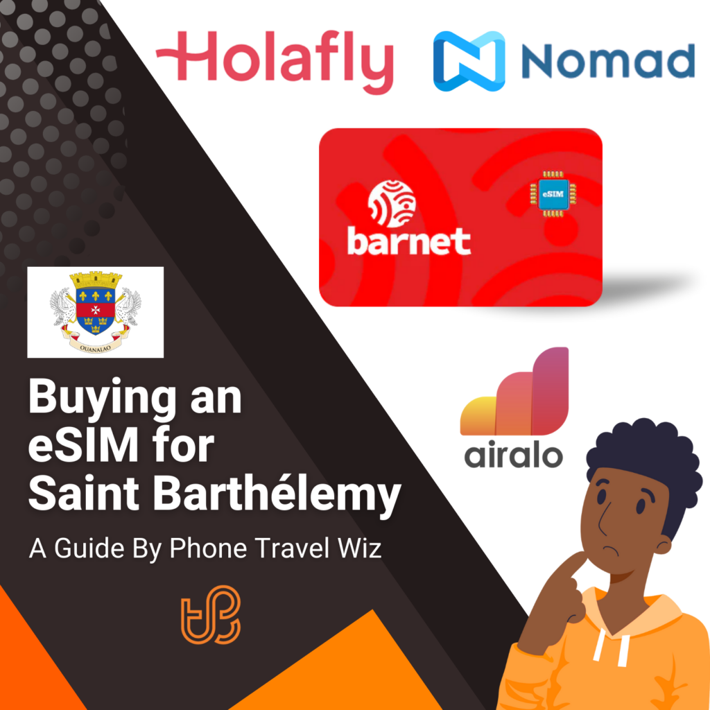 Buying an eSIM for Saint Barthélemy Guide (logos of Holafly, Nomad, Barnet & Airalo)