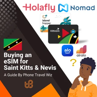Buying an eSIM for Saint Kitts & Nevis Guide (logos of Holafly, Nomad, Island Hopper, Kittcom, Alosim & Airalo)