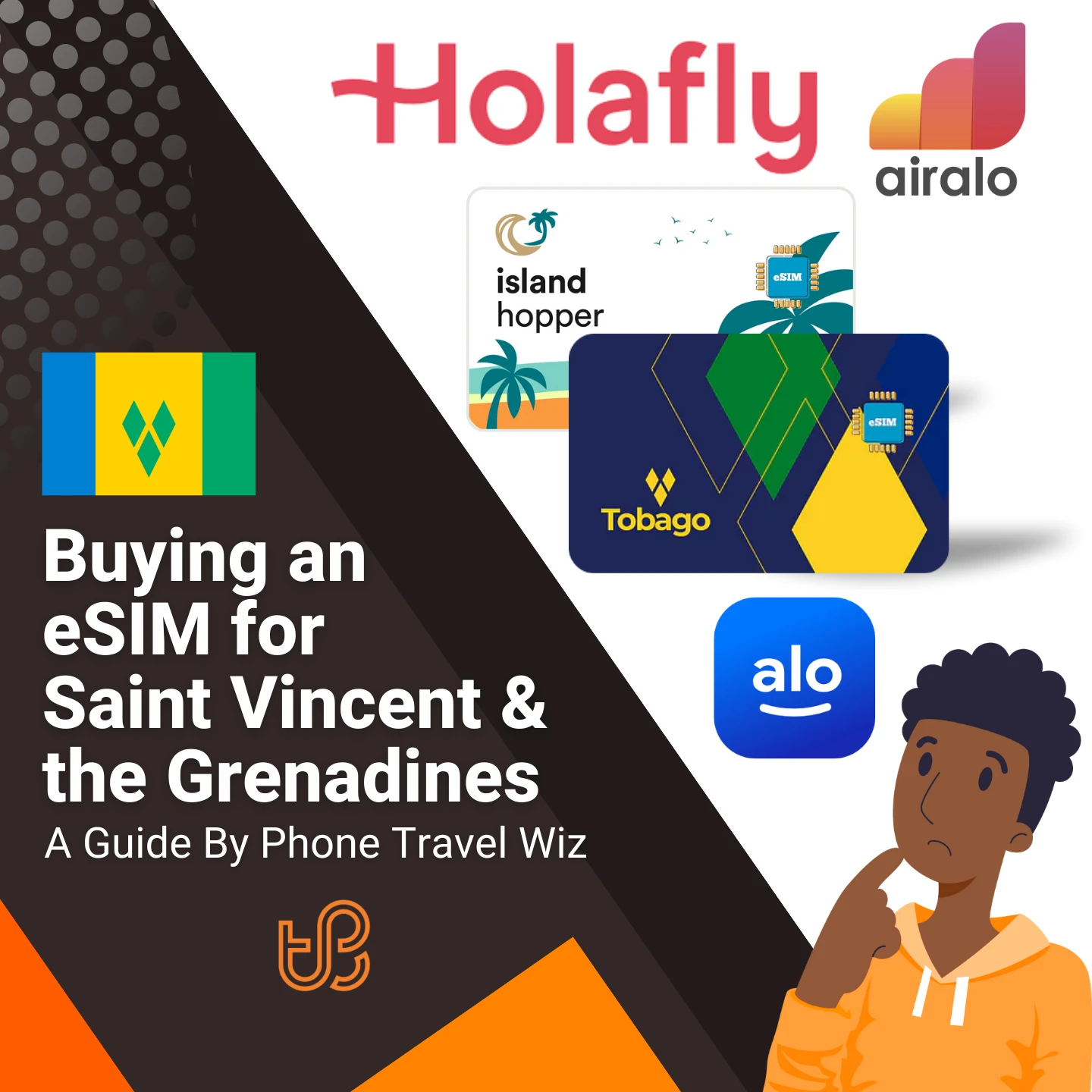 Buying an eSIM for Saint Vincent & the Grenadines Guide (logos of Holafly, Airalo, Island Hopper, Tobago & Alosim)