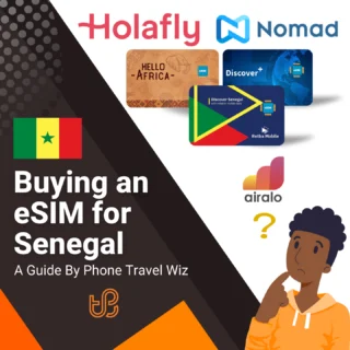 Buying an eSIM for Senegal Guide (logos of Holafly, Nomad, Hello Africa, Discover+, Retba Mobile & Airalo)