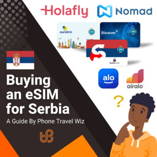 Buying an eSIM for Serbia Guide (logos of Holafly, Nomad, Eurolink, Discover+, Serbia Mobile, Alosim & Airalo)