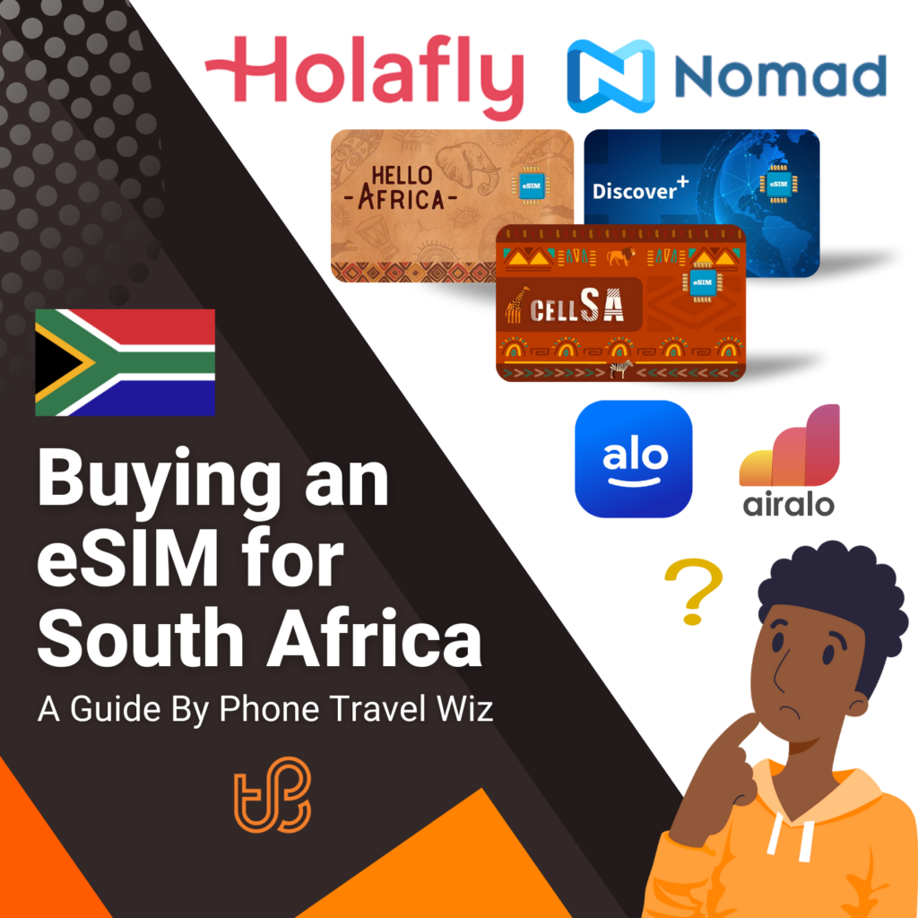 Buying an eSIM for South Africa Guide (logos of Holafly, Nomad, Hello Africa, Discover+, Cell SA, Alosim & Airalo)