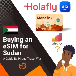 Buying an eSIM for Sudan Guide (logos of Holafly, Alosim, Menalink & Airalo)