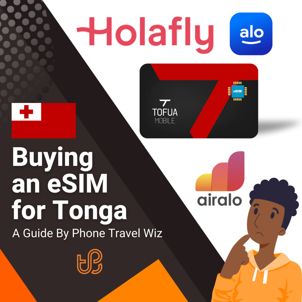 Buying an eSIM for Tonga Guide (logos of Holafly, Alosim, Tofua Mobile & Airalo)