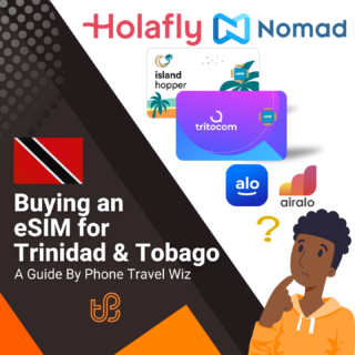 Buying an eSIM for Trinidad & Tobago Guide (logos of Holafly, Nomad, Island Hopper, Tritocom, Alosim & Airalo)