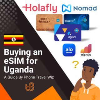 Buying an eSIM for Uganda Guide (logos of Holafly, Nomad, Hello Africa, Discover+, Ugish, Alosim & Airalo)