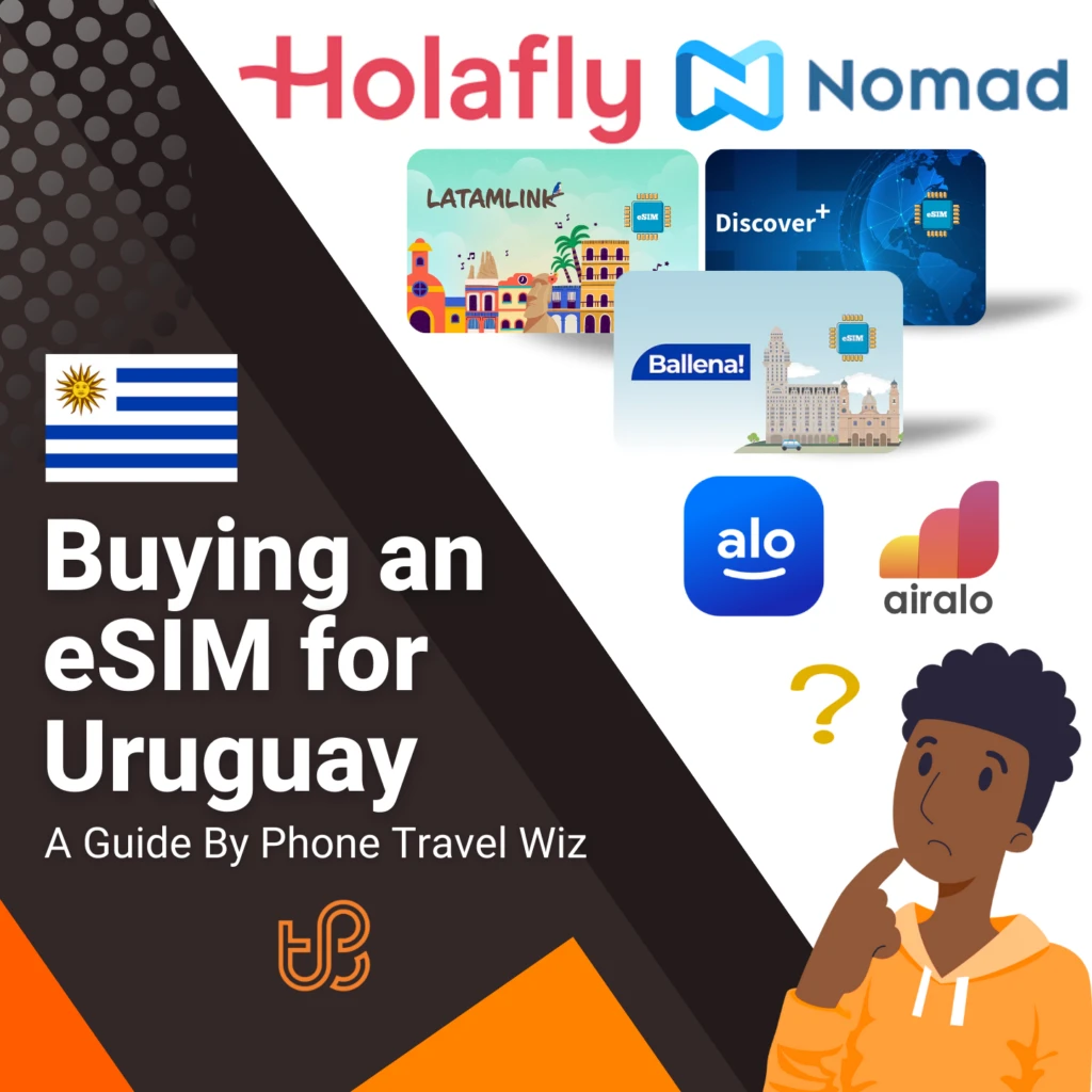 Buying an eSIM for Uruguay Guide (logos of Holafly, Nomad, Latamlink, Discover+, Ballena!, Alosim & Airalo)