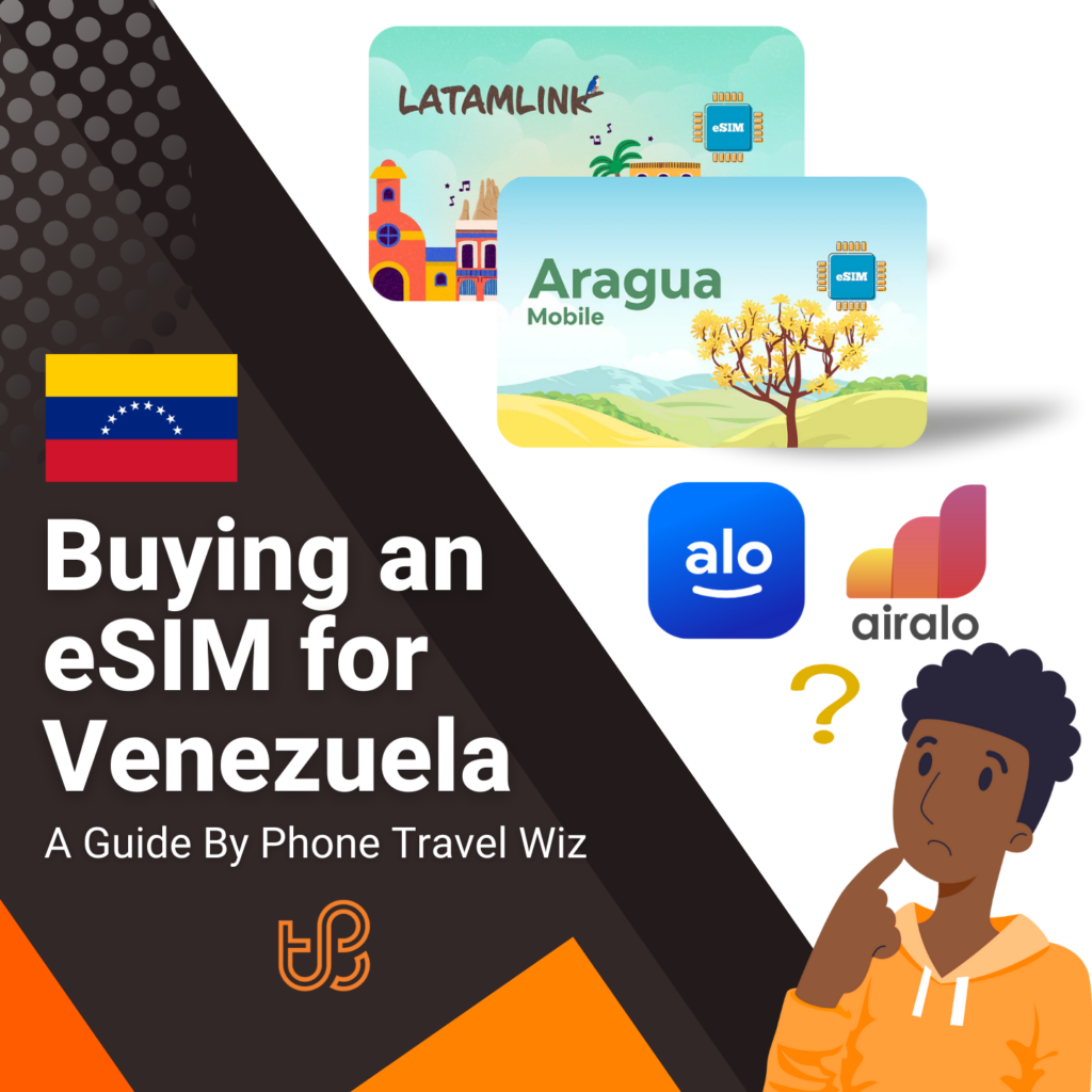 Buying an eSIM for Venezuela Guide (logos of Latamlink, Aragua Mobile, Alosim & Airalo)