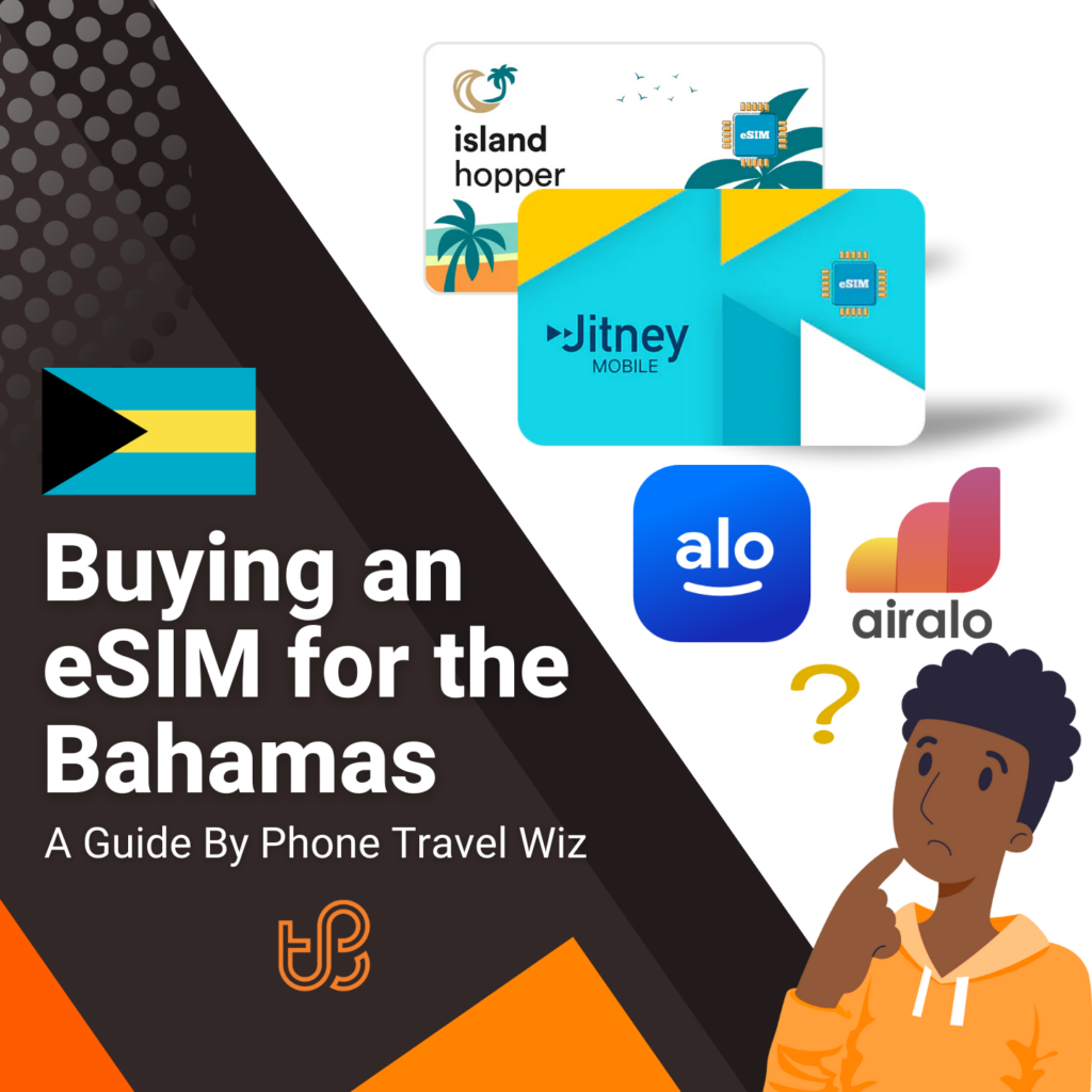 Buying an eSIM for the Bahamas Guide (logos of Island Hopper, Jitney Mobile, Alosim & Airalo)