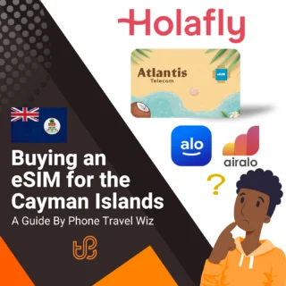 Buying an eSIM for the Cayman Islands Guide (logos of Holafly, Atlantis Telecom, Alosim & Airalo)