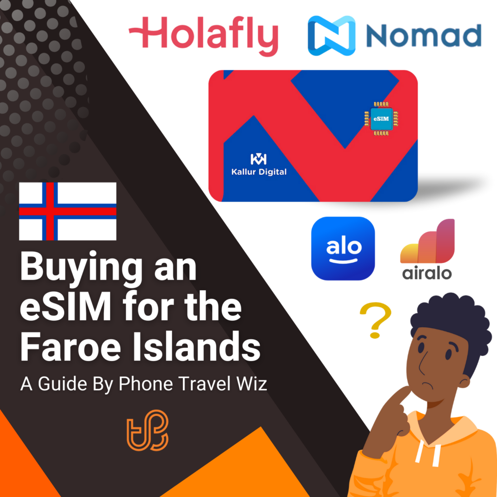 Buying an eSIM for the Faroe Islands Guide (logos of Holafly, Nomad, Kallur Digital, Alosim & Airalo)