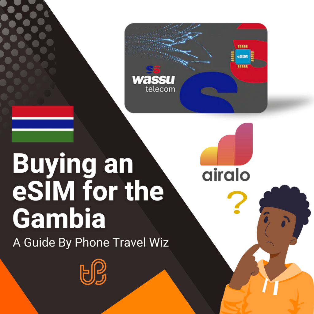 Buying an eSIM for the Gambia Guide (logos of Wassu Telecom and Airalo)