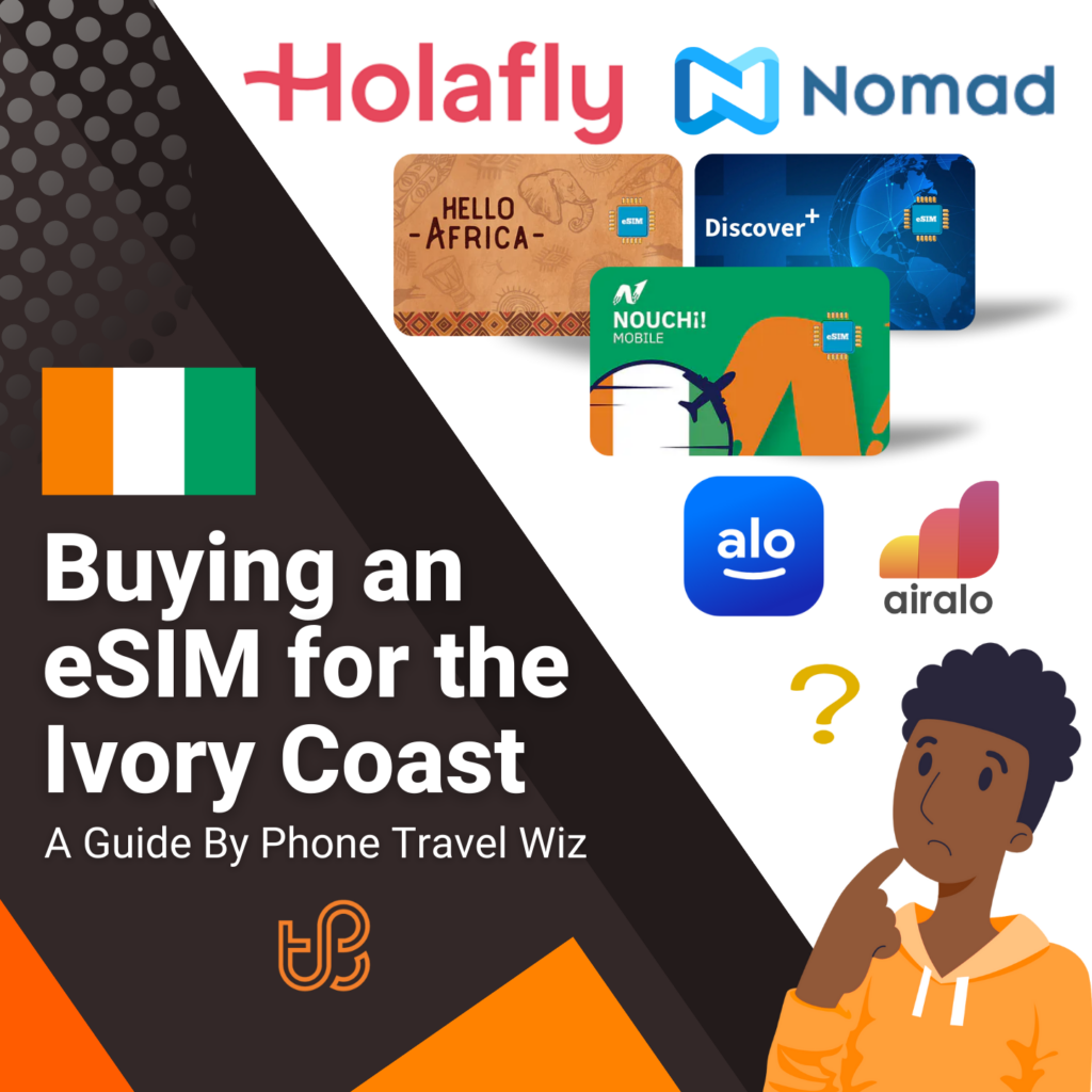 Buying an eSIM for the Ivory Coast Guide (logos of Holafly, Nomad, Hello Africa, Discover+, Nouchi!, Alosim & Airalo)