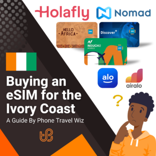 Buying an eSIM for the Ivory Coast Guide (logos of Holafly, Nomad, Hello Africa, Discover+, Nouchi!, Alosim & Airalo)