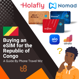 Buying an eSIM for the Republic of Congo Guide (logos of Holafly, Nomad, Hello Africa, Discover+, Sanghatel, Alosim & Airalo)