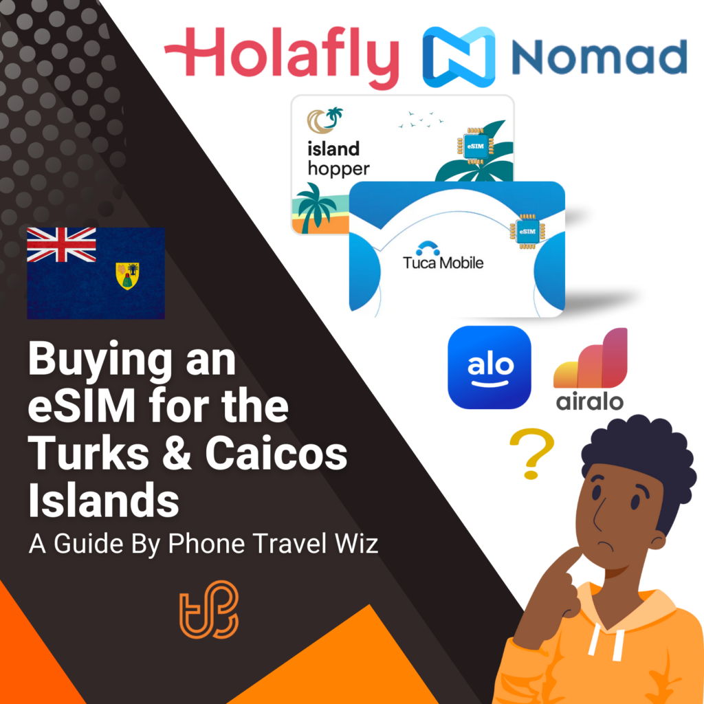 Buying an eSIM for the Turks & Caicos Islands Guide (logos of Holafly, Nomad, Island Hopper, Tuca Mobile, Alosim & Airalo)