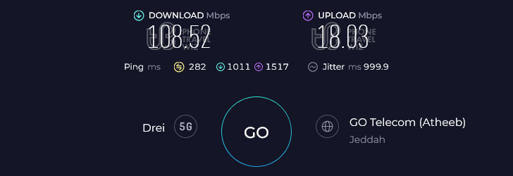 Holafly Saudi Arabia Speed Test at Novotel Jeddah Tahlia (108.52 Mbps)