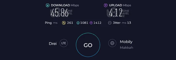 Holafly Saudi Arabia Speed Test at Red Sea Mall (45.86 Mbps)