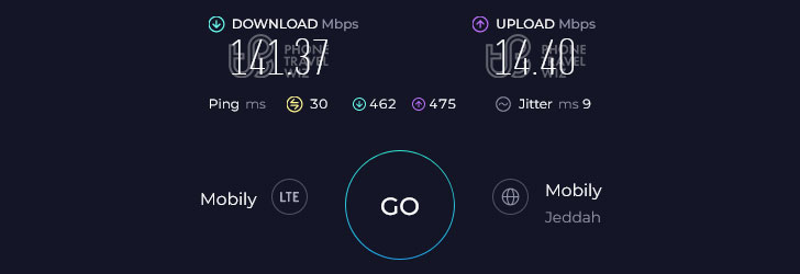 Mobily Saudi Arabia Speed Test at King Abdulaziz International Airport Arrivals Hall (141.37 Mbps)