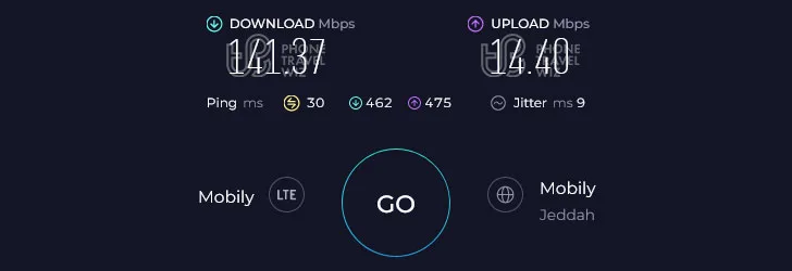 Mobily Saudi Arabia Speed Test at King Abdulaziz International Airport Arrivals Hall (141.37 Mbps)