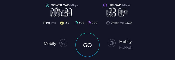 Mobily Saudi Arabia Speed Test at Prince Majid Park (225.80 Mbps)