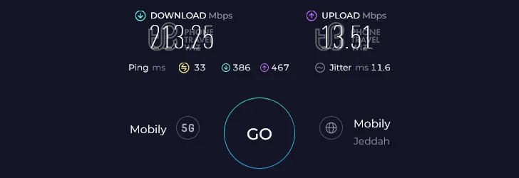 Mobily Saudi Arabia Speed Test at Red Sea Mall (213.25 Mbps)