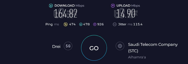 Nomad Middle East in Saudi Arabia Speed Test at Novotel Jeddah Tahlia (164.82 Mbps)