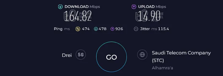 Nomad Middle East in Saudi Arabia Speed Test at Novotel Jeddah Tahlia (164.82 Mbps)