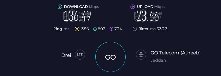 Nomad Saudi Arabia Speed Test at King Abdulaziz International Airport Arrivals Hall (136.49 Mbps)