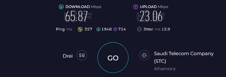 Nomad Speed Test at King Abdulaziz International Airport Immigration & Baggage Claim (65.87 Mbps)