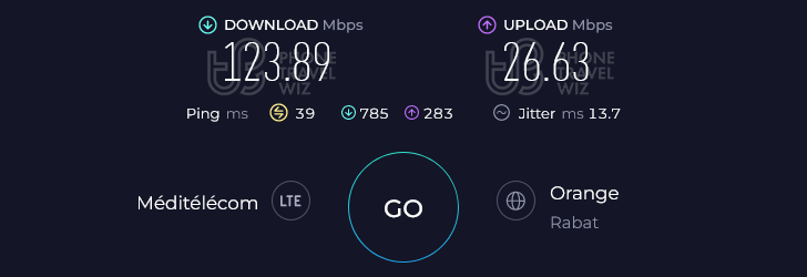 Orange Morocco Speed Test at Casablanca Mohammed V International Airport Arrivals Hall (123.89 Mbps)