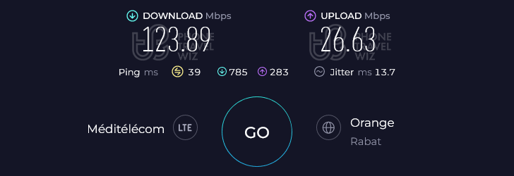 Orange Morocco Speed Test at Casablanca Mohammed V International Airport Arrivals Hall (123.89 Mbps)