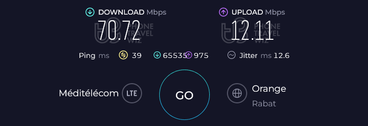 Orange Morocco Speed Test at Casablanca Phare el Hank (70.72 Mbps)