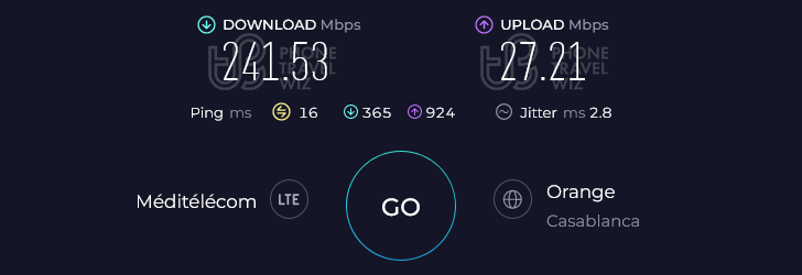 Orange Morocco Speed Test at Settat Afriquia Aire de Repos (241.53 Mbps)