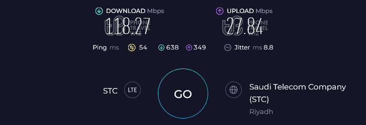 STC Saudi Arabia Speed Test at King Abdulaziz International Airport Arrivals Hall (118.27 Mbps)