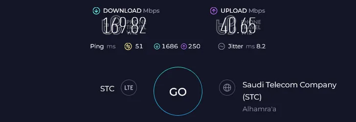 STC Saudi Arabia Speed Test at Red Sea Mall (169.82 Mbps)