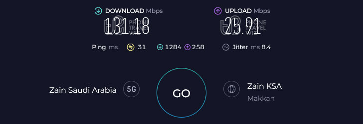 Zain Saudi Arabia Speed Test at Albaik Nahdat at Talif (131.18 Mbps)