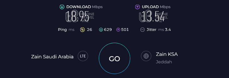 Zain Saudi Arabia Speed Test at King Abdulaziz International Airport Arrivals Hall (13.54 Mbps)