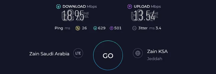 Zain Saudi Arabia Speed Test at King Abdulaziz International Airport Arrivals Hall (13.54 Mbps)
