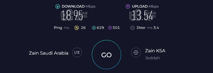 Zain Saudi Arabia Speed Test at King Abdulaziz International Airport Arrivals Hall (18.95 Mbps)