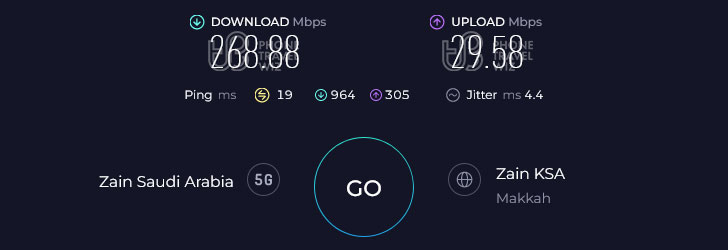 Zain Saudi Arabia Speed Test at Novotel Jeddah Tahlia (268.88 Mbps)