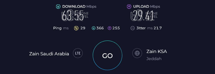 Zain Saudi Arabia Speed Test at Prince Majid Park (63.55 Mbps)