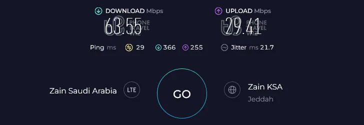 Zain Saudi Arabia Speed Test at Prince Majid Park (63.55 Mbps)