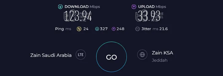 Zain Saudi Arabia Speed Test at Red Sea Mall (123.94 Mbps)