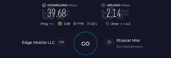 Airalo Giza Mobile Egypt Speed Test at Cairo International Airport Terminal 2 Departures Hall (39.68 Mbps)