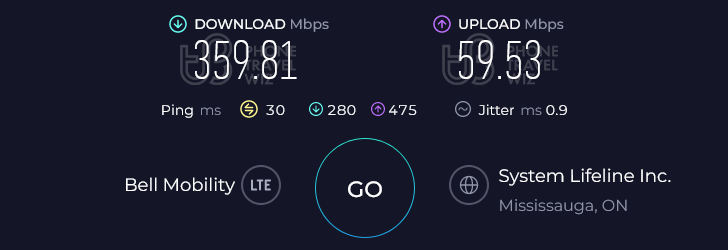 Bell Canada Speed Test at Toronto Pearson International Airport Terminal 3 A Gates (359.81 Mbps)