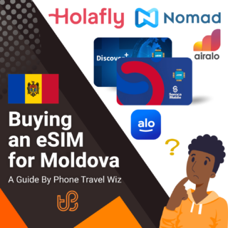 Buying an eSIM for Moldova Guide (logos of Holafly, Nomad, Arialo, Discover+, Soroca Mobile & Alosim)