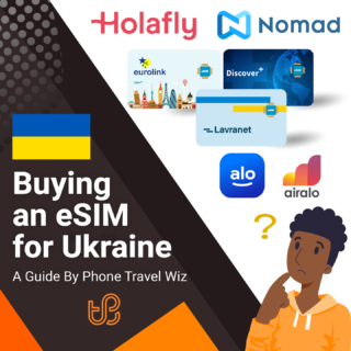 Buying an eSIM for Ukraine Guide (logos of Holafly, Nomad, Eurolink, Discover+, Lavranet, Alosim & Airalo)