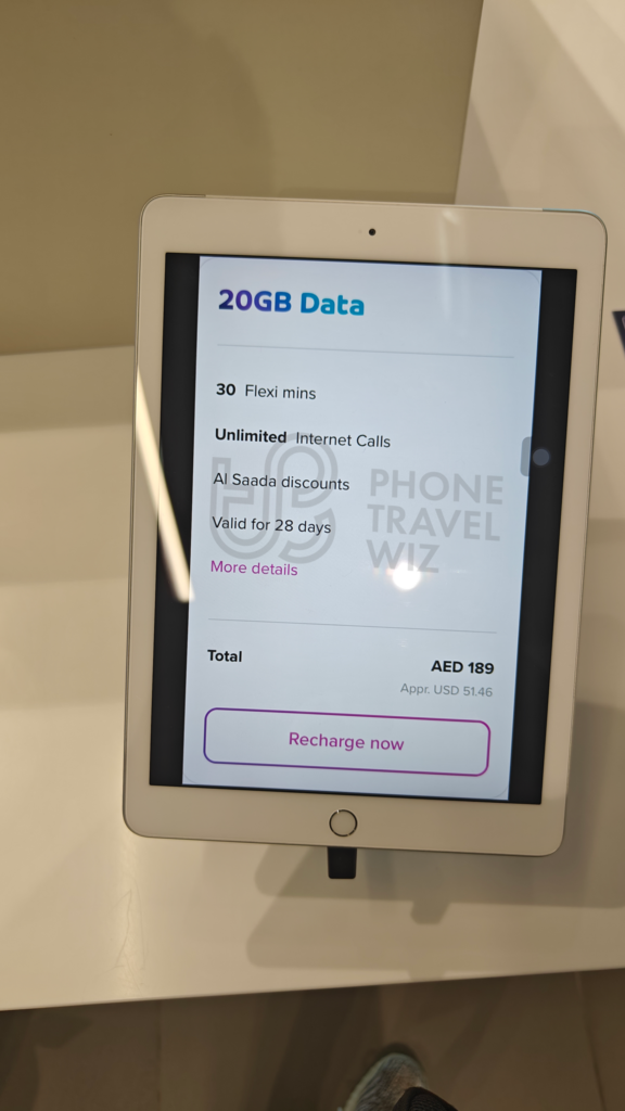 Du United Arab Emirates 199 AED Unlimited Plan Shown at Abu Dhabi-Zayed International Airport