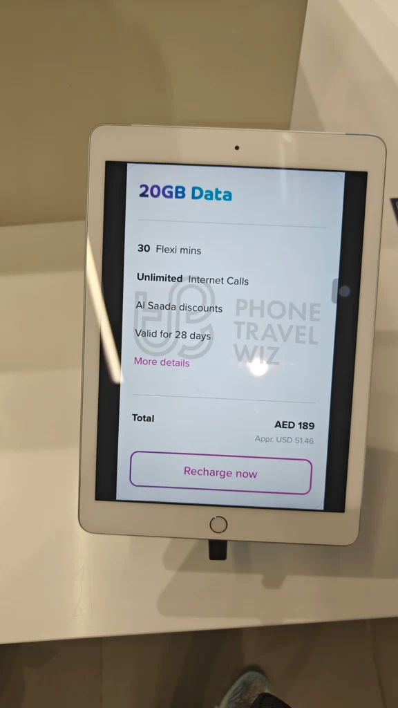 Du United Arab Emirates 199 AED Unlimited Plan Shown at Abu Dhabi-Zayed International Airport